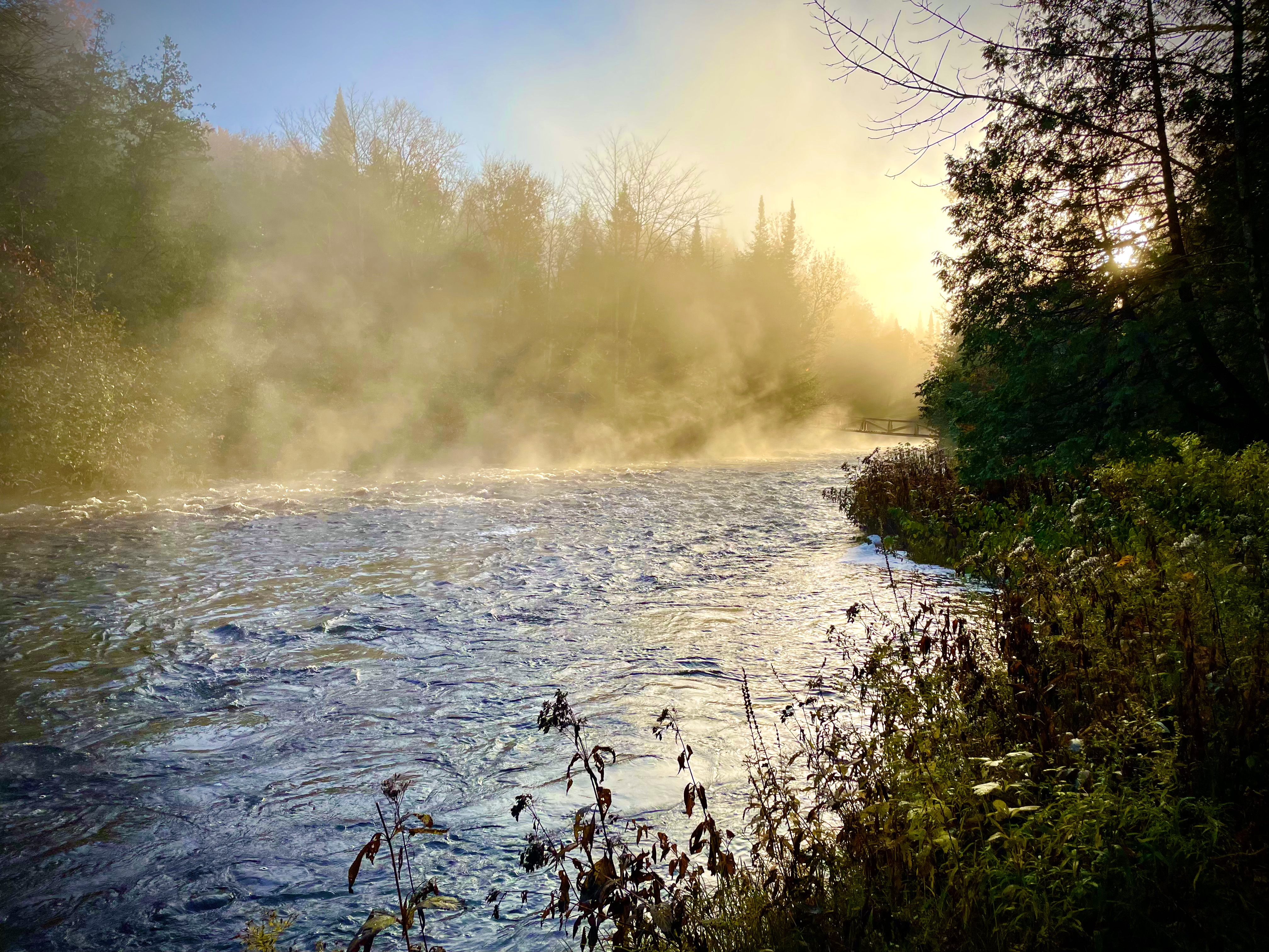 Rivière brumeuse au lever du soleil